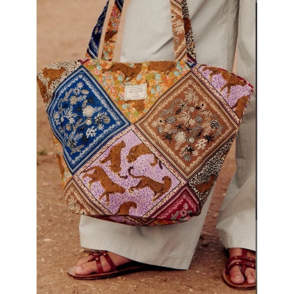 Sézane x Inoui Editions Multicolor Patchwork Tote Floral Animal Print Boho Chic